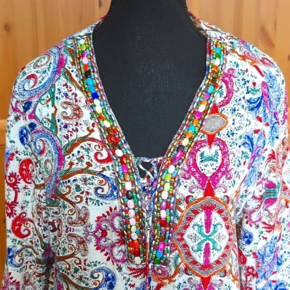 Papillon Boho Jewelled Paisley  Print Tunic Blouse M - Picture 2 of 16